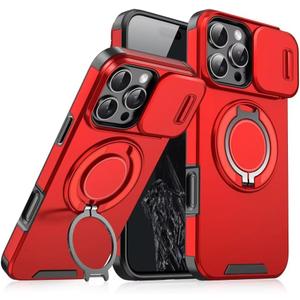 Heavy Duty Series Designed for iPhone 15 Pro Max Case,Rugged 360 Rotatable Ring with Invisible Holder Stand,Slide Camera Cover & Military Grade Drop Protection Shockproof,Red
