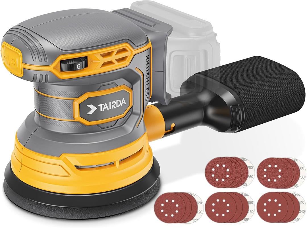 Cordless Random Orbital Sander Compatible for Dewalt 20v 60v Battery(NO Battery), Electric Palm Orbital Sander With Dust Collector, 6 Variable Speeds, 20Pcs Sandpaper For Sanding Polishing Woodworking (Yellow)