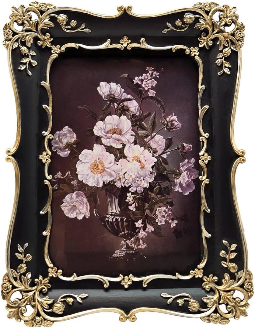 4x6 Vintage Picture Frame, Antique Black and Gold Ornate Photo Frame for Wall Hanging or Tabletop Display, Decorative Floral Design Retro Home Decor, Photo Gallery Art