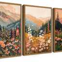 Floating Framed Boho Colorful Mountain Wall Art Set of 3, Vintage Wildflower Landscape Canvas Wall Decor Paintings, Nature Floral Forest Posters Pictures Prints for Living Room Bedroom 12x16 Inch (16L" x 12W")