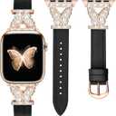 JR.DM Leather Watch Bands for Women Compatible with Apple Watch 46/49/45/44/42mm(series 1/2/3) Rose Gold Bling Butterfly Connector Slim Leather Strap for iWatch Series 