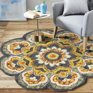 LR Home 4ft Round Indoor Wool Area Rug for Home Decor | Rugs for Living Room, Bedroom, Playroom, Entryway, Office | Hand Woven Modern Farmhouse Large Boho Area Rug for Room Decor | Gray/Yellow