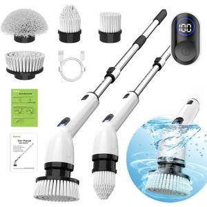 TUYU Electric Spin Scrubber, Full-Body IPX7 Waterproof Bathroom Scrubber with Power LCD Display, Adjustable Extension Handle, Cordless Shower Cleaner Brush for Bathtub Kitchen Wall Cleaning (Black)