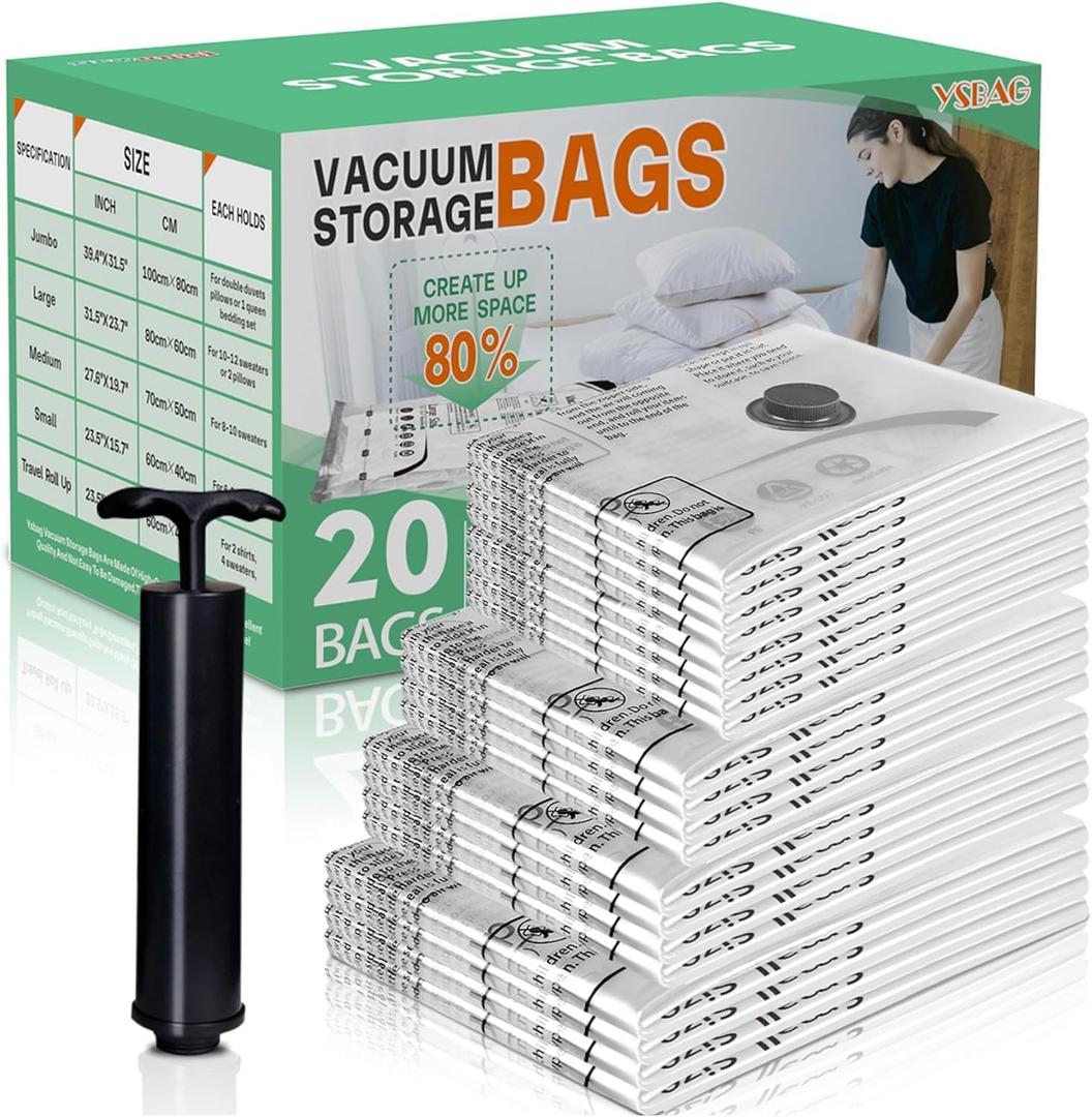 Vacuum Seal Bags for Clothing- 20 Pack 4 Sized Vacuum Storage Bags with Hand Pump, Space Saver Organisers for Travel Luggage Clothes Blankets Comforters (4Jumbo4L4M8S)