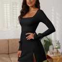 Women's Sexy Square Neck Bodice Dresses Long Sleeve Side Slit A-Line Mini Dress Cocktail Party Club Dress (Black)