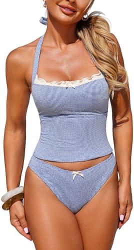 ZAFUL Halter Tummy Control Swimsuits for Women Strapless Tankini 2026 Resort Vacation Bowknot Two piece Set for Teens XL
