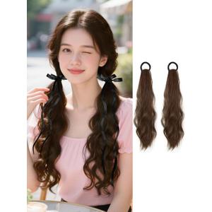 2PCS Curly Ponytail Extension with Ribbon Bow 17 Inch Resistant Synthetic Natural Wavy Hairpiece Long Curly Wavy Hair Piece Brown Pony Tail Hair Extensions for Women