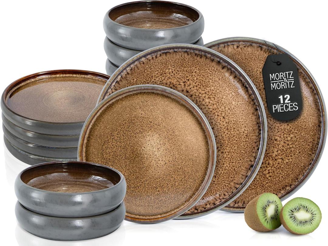 Solid 12-Piece Stoneware Dinnerware Set for 4 | Plate and Bowls Set with 4 Dinner Plates, Small Dessert Plates & Soup Bowls  Kitchen Dish Sets, Microwave & Dishwasher Safe, Brown