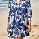 Cicy Bell Womens Floral Mini Dresses 3/4 Balloon Sleeve V Neck Flowy Babydoll Dress Summer Beach Vacation Boho Outfits (Blue, S)