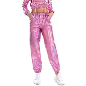SIAEAMRG Womens Shiny Metallic High Waist Stretchy Jogger Pants, Wet Look Hip Hop Club Wear Holographic Trousers Sweatpant (Pink, S)