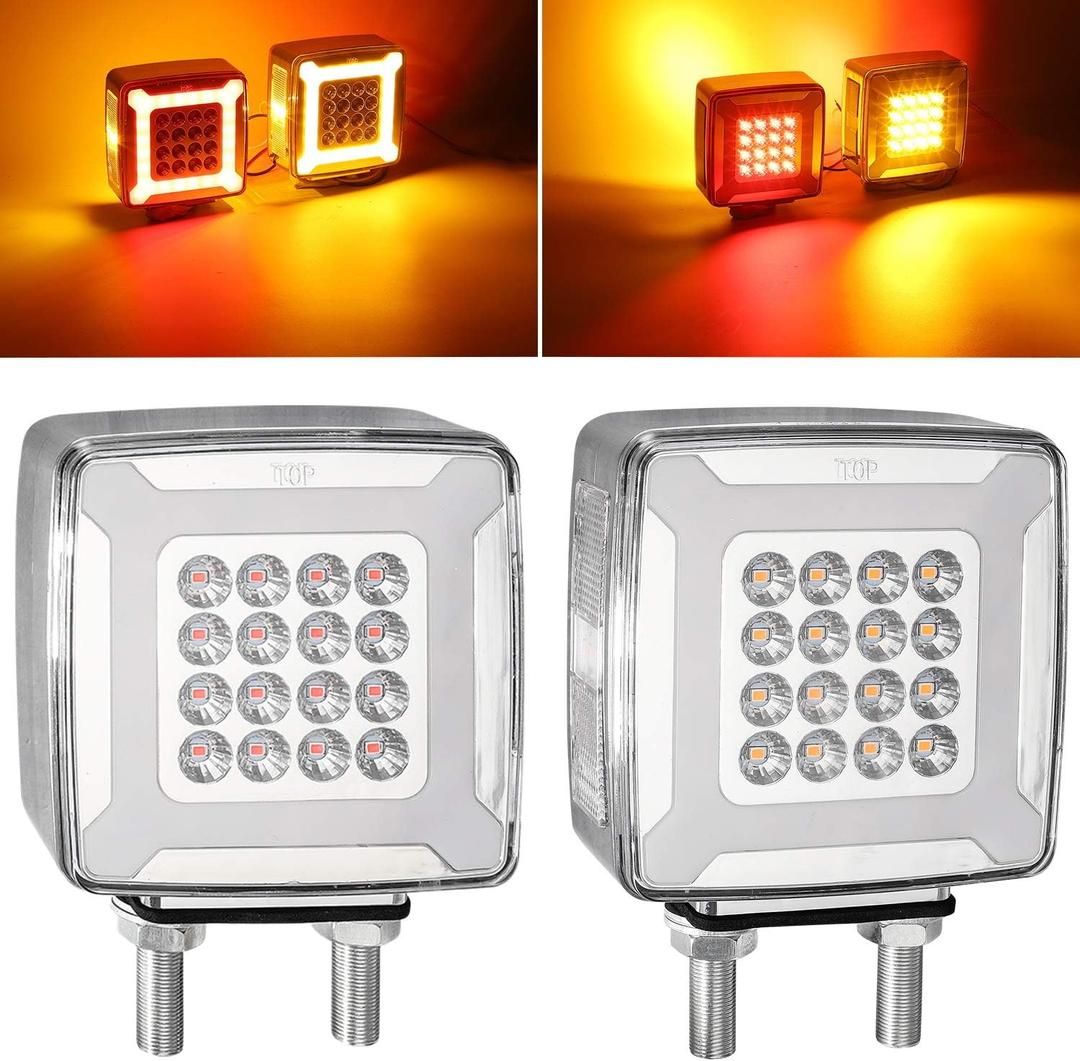 Partsam Pair Double Face Square Pedestal Fender Turn Signal Lights Halo Glow Double Stud, Amber/Red Square 47 Diode Led Turn Stop Marker Running lights Lamps 12V 24V 10-30V (Clear Lens)