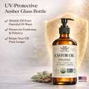 Castor Oil Organic Cold Pressed Unrefined Glass Bottle 100% Pure for Hair Growth Eyelashes Brows Castor Oil Packs, Natural Skin Moisturizer, USDA Certified Hexane Free Vegan 16 oz (473ml)