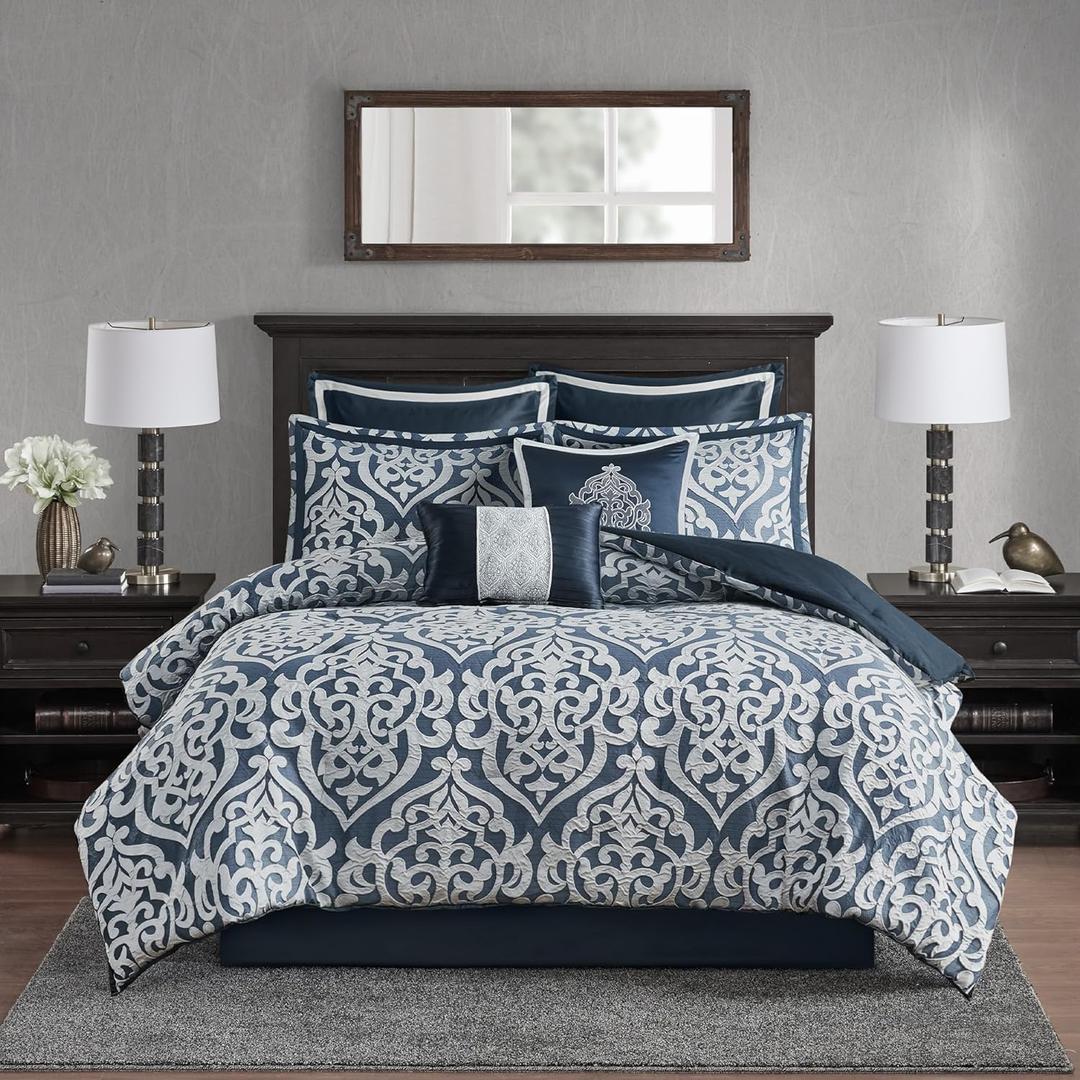 Madison Park Odette Cozy Comforter Set Jacquard Damask Medallion Design - Modern All Season, Down Alternative Bedding, Shams, Decorative Pillows, Queen(90 in x 90 in),Navy 8 Piece