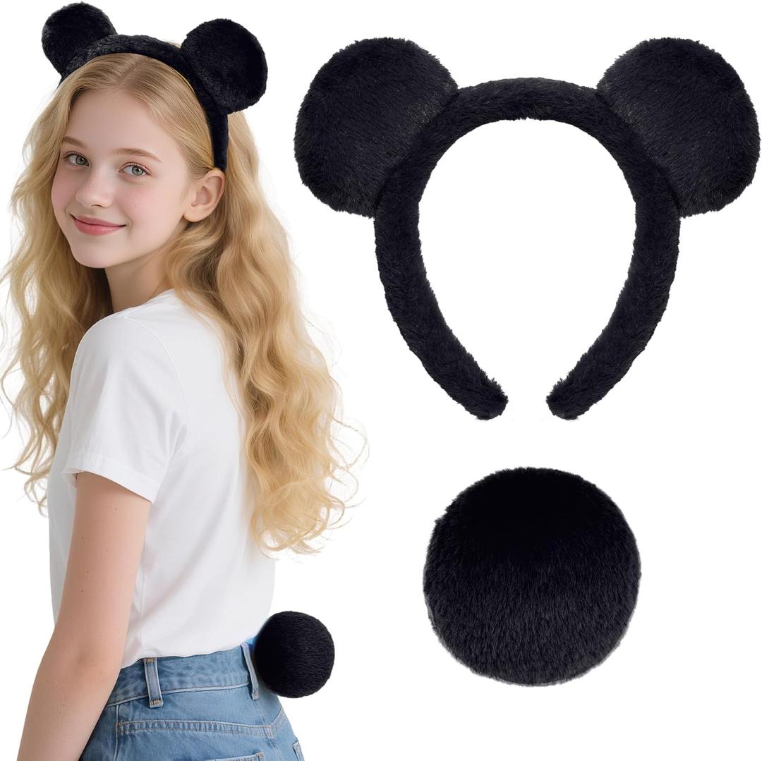 Bear Ears Headband Tail Set, Bear Costume Headband for Adults Women Men for Halloween Party Headwear Accessory (One Size, Black)