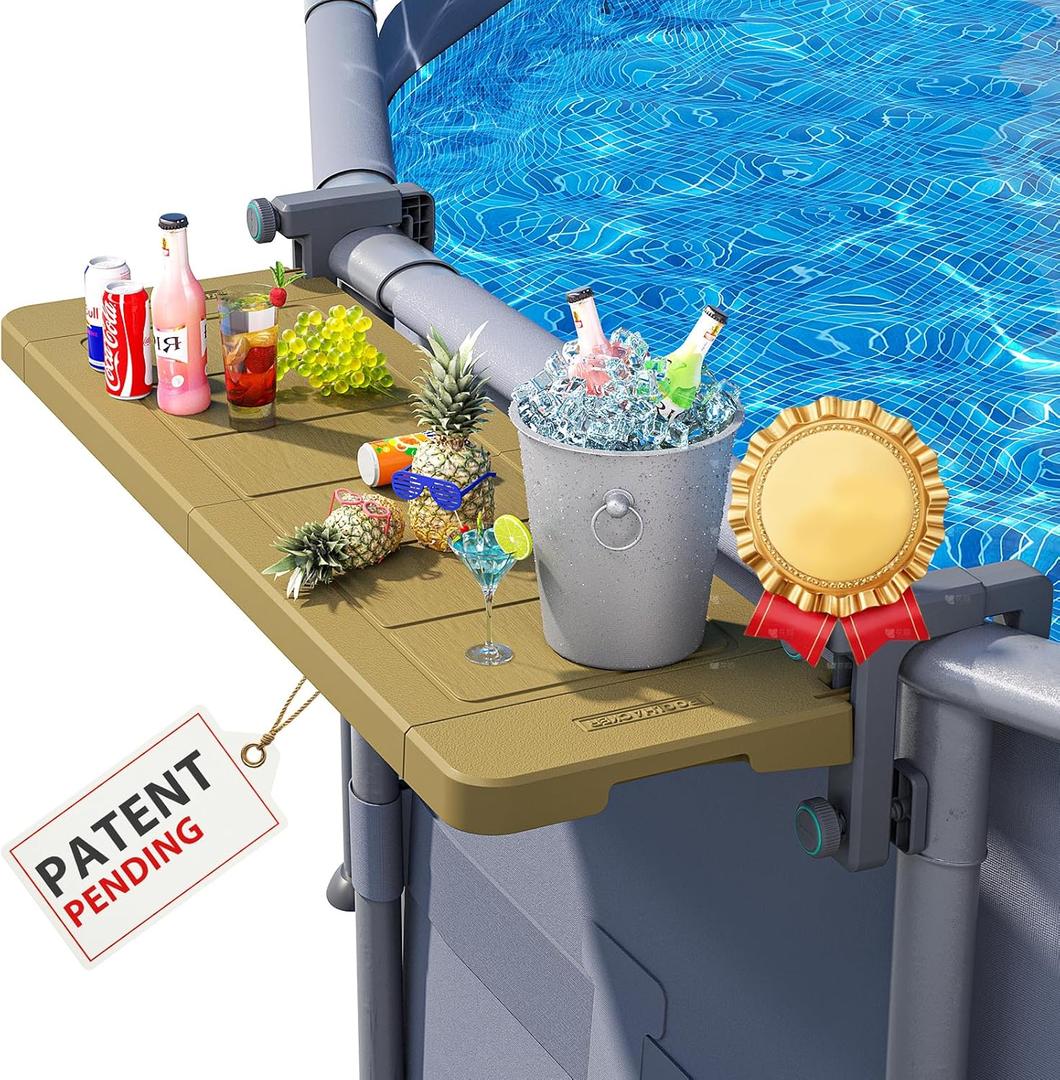 Poolside Bar, [Original] Swim Up Bar Exclusively for Above-Ground Round Pools. Patio Poolside Table Smart Fold Easy Maintenance, Weather Resistant Stable Tabletop (Amber Brown)
