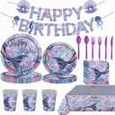 170Pcs Mermaid Birthday Party Decorations , Mermaid Party Supplies Set Includes Napkins, Tablecloths, Cups, Plates, Knives, Forks, Spoons, Ocean Theme Birthday Party Banners, Serves 24