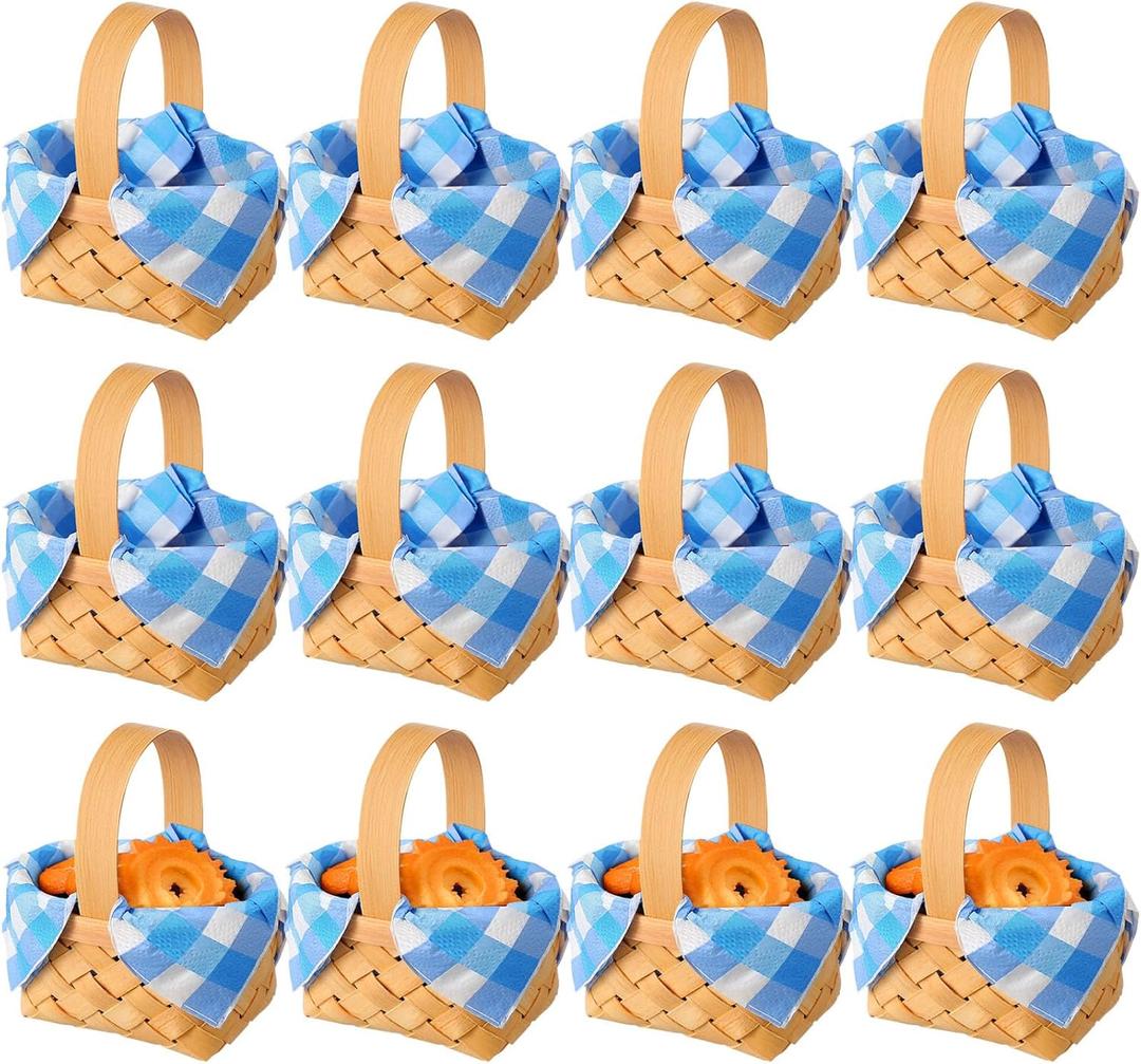 Geelin 12 Pcs Mini Flower Girl Basket Mini Woven Baskets with Handles 20 Sheets Paper Napkins Wood Chip Flower Fruit Picnic Holder Chip Bucket for Wedding Party Gifts Baby Shower Birthday Decoration (3 x 3 x 2 Inches, Blue)