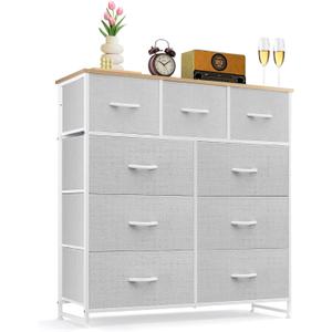 9-Drawer Dresser for Bedroom, Anti-Tip Tall Storage Organizer Chest of Drawers with Wooden Top and Metal Frame Fabric Bins for Closet, Living Room, Hallway, Entryway, Light Gray, 11.8"D x 39.4"W x 40"H