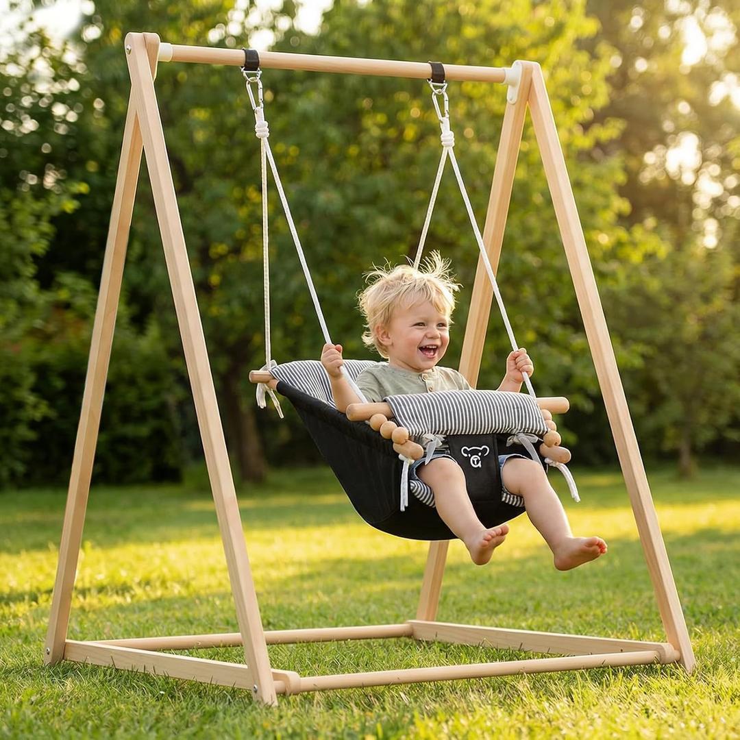Wooden Baby Swing Set, Montessori Baby Lounger with Foldable Stand, Toddler Swing for Indoor/Outdoor, Children Swing Set for 6m to 3 Yrs