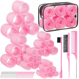 5 Sizes Self Grip Hair Rollers Set, 64 Pcs Rollers Hair Curlers with Clips Comb for Long Medium Short Hair (60 48 40 32 20mm), Pink