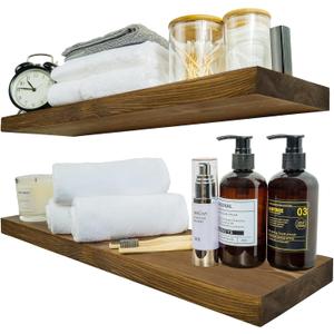 BGMG Wood Floating Shelves for Wall 24 inch Set of 2, Rustic Wooden Wall Mount Shelves for Bathroom Living Room Bedroom Kitchen Farmhouse -24x 6.7 x1.25 inch- Walnut Color