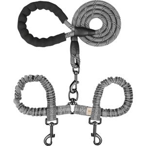 MingXpets Double Dog Leash, Dual Dog Leash, 360° Swivel Tangle Free Bungee Walking Training for Large Dogs, Shock Absorbing Bungee Reflective for Two Dogs, 18~120 lbs, Grey