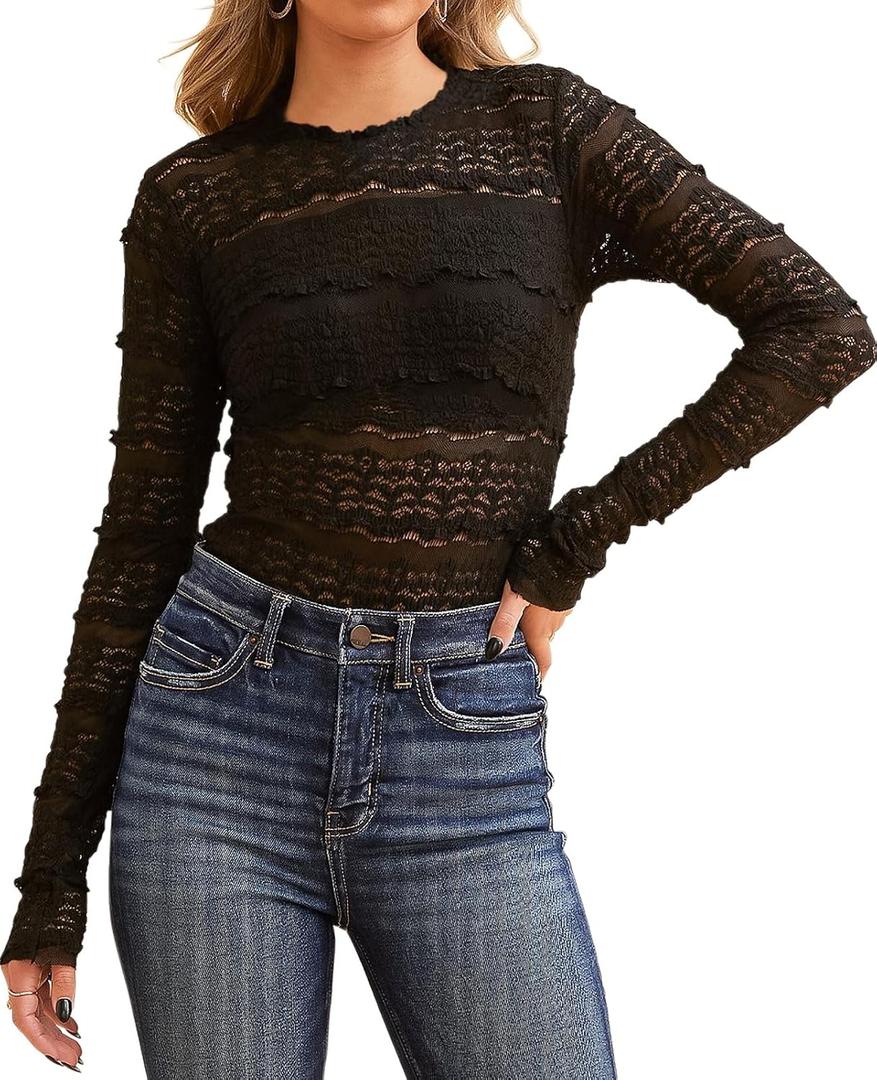 Essrite Womens Slim Fit Lace Mesh Top Crew Neck Long Sleeve See Through Shirt Blouses Tops Fall Outfits 2026 (Black, XL)