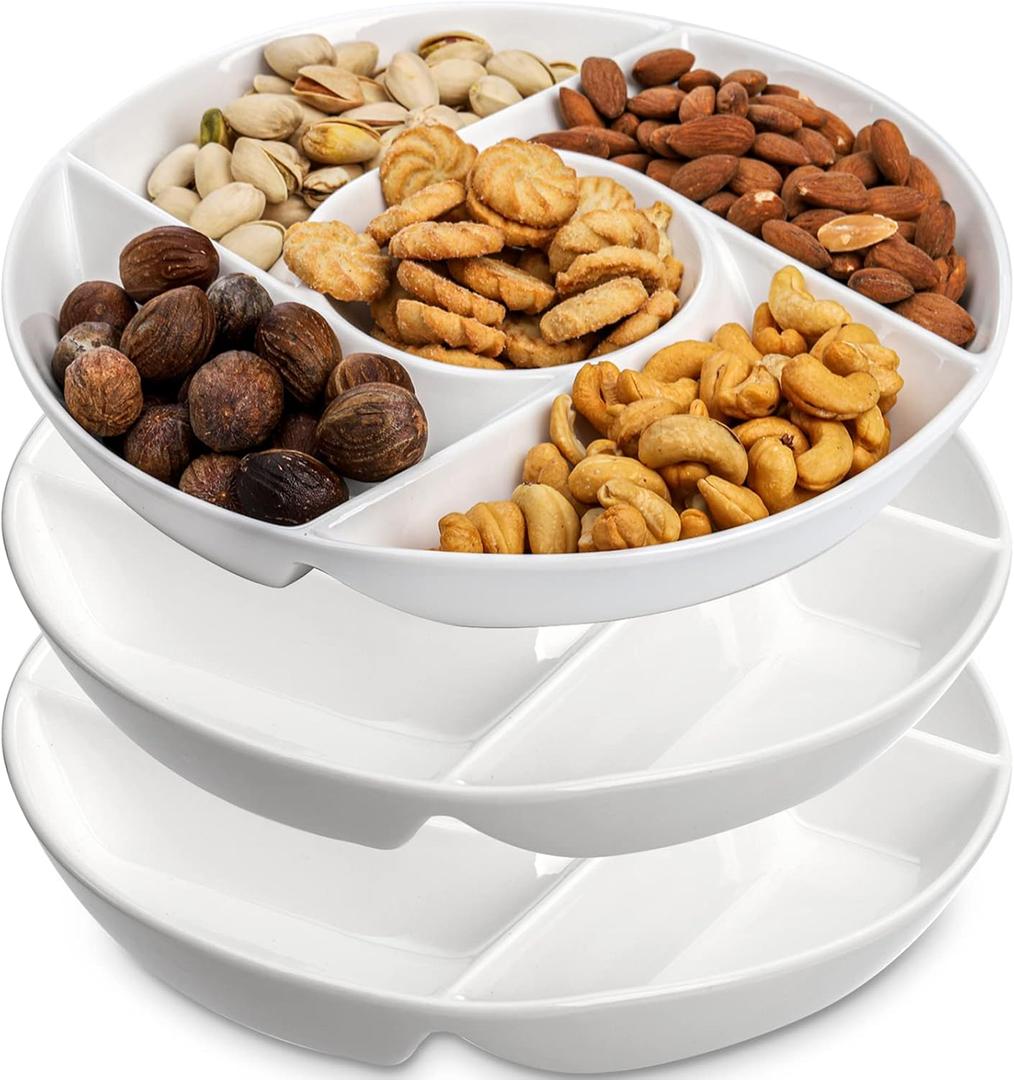 DEAYOU 3 Pack Ceramic Chip and Dip Serving Tray, Porcelain Divided Serving Platter, 10" Decorative Sectional Appetizer Plate, 5Compartment Stoneware Relish Fruit Dish for Veggie, Snack, Entertaining
