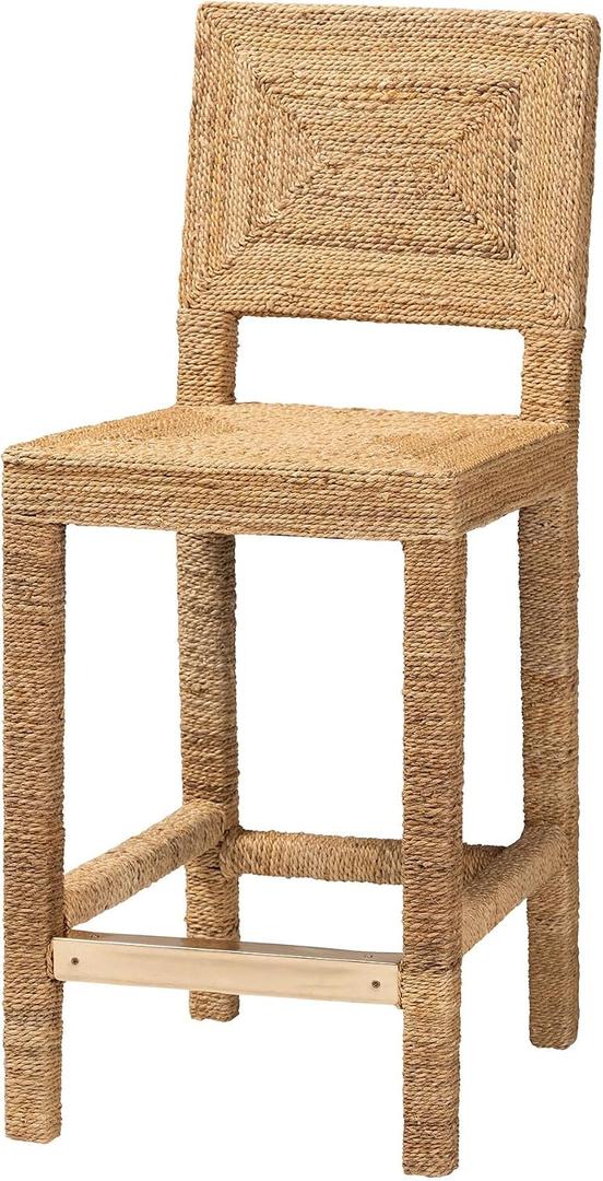 bali & pari Anfield Modern Bohemian Natural Seagrass and Mahogany Wood Counter Stool, Counter Height