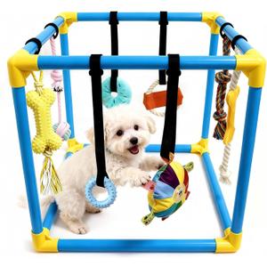 Puppy Play Gym with 8 Hanging Toys - Indoor Jungle Gym for Small Dogs, Interactive Enrichment Activity Center for Puppies, 19.5" PVC Frame with Teething Squeaky Toys to Keep Them Busy