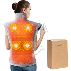 Massaging Heating Pad for Neck and Shoulders and Back, Large Electric Heating Pad for Back Pain Relief with 3 Heat Levels, 4 Massage Settings, 4 Massage Motors (Grey)
