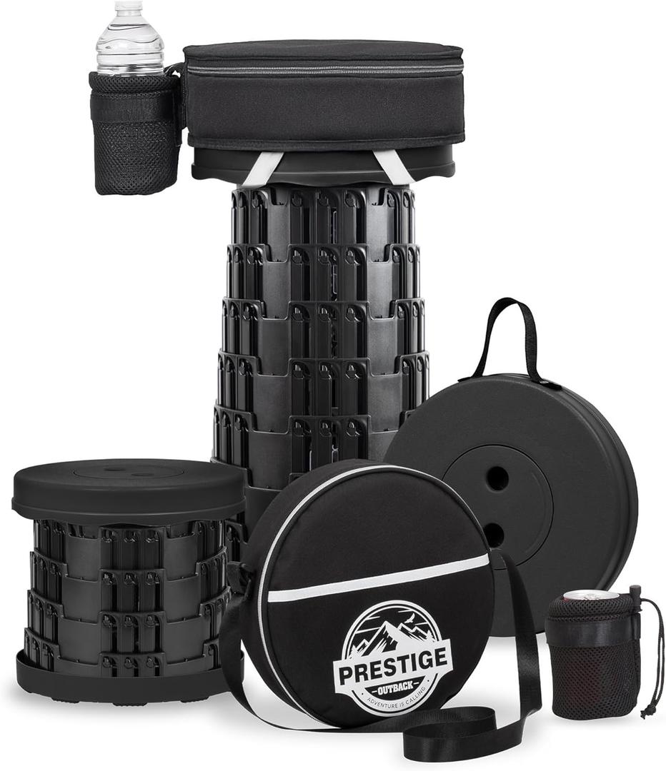Prestige Outback 2025 Upgraded Collapsible Stool & 3-in-1 Cushioned Carry Bag, Adjustable Height Folding Stool, Telescopic Camping Chair Retractable Seat or Footrest for Outdoors & Travel, Max 620lbs