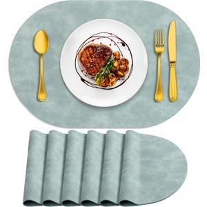ADRIMER Placemats, Heat Resistant Oval Placemats Set of 6 Washable 12 x 17 Inch, Waterproof Table Mats, Wipeable Pu Place Mats for Kitchen, Dining Room, Light Blue