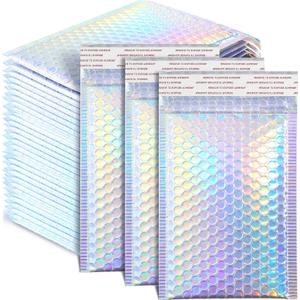 Henoyso 60 Pcs 6 x 9.5 Inch Holographic Bubble Mailers Metallic Bubble Envelopes Usable Size 5.12" x 7.87" Waterproof Self Seal Shipping Bags for Makeup Jewelry Small Business Packaging, Rainbow Color