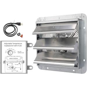 iPower 10 Inch Wall Mounted Shutter Exhaust Fan with Temperature Controller and Power Cord Kit, Aluminum, 1600 RPM, 820 CFM, for Attic, Garage, Louvered Vent, Plant, Greenhouse, Silver