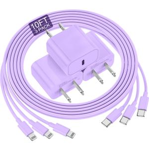 Phone Charger Fast Charging 10 FT, Long USB C to Lighting Cable 10 Foot with 20W USB C Rapid Phone Charger Block, Compatible with iPhone 14 Pro/13Pro Max/12/11Pro/Mini, 3 Pack-Purple