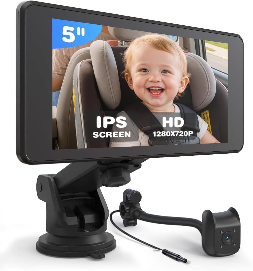 Baby Car Camera Monitor | 5" 1080P IPS Suction Cup Screen - 360 Rotation IR Night Vision 3X Zoom - USB Powered Headrest Mount for Baby Car Cam