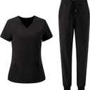 floralhue Scrubs for Women, V-Neck Scrubs Top & Cargo Pants with 10 Pockets (Black)