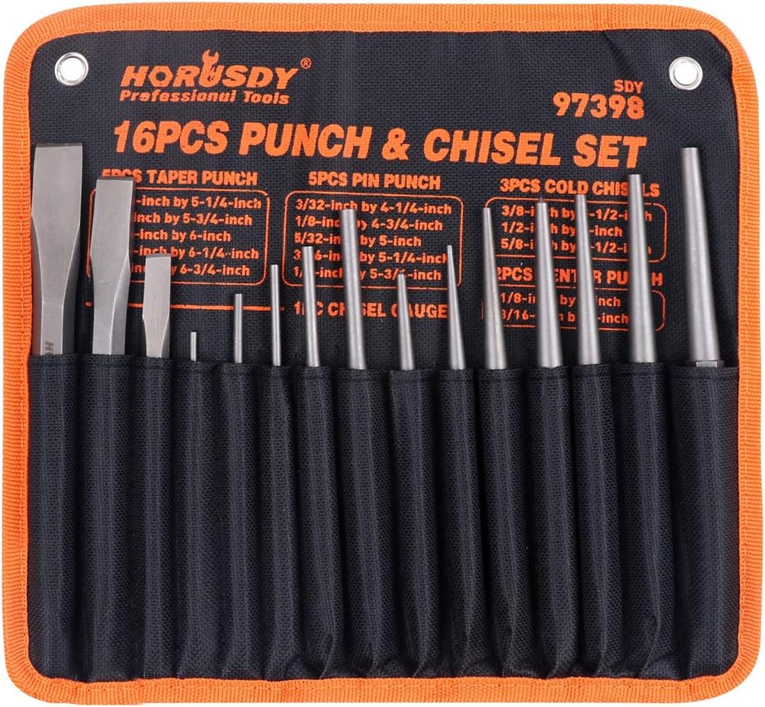 HORUSDY 16-Piece Punch and Chisel Set, Including Taper, Cold Chisels, Pin, Center