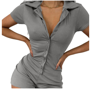 LilyCoco Women's Button Up Bodycon Romper Shorts Short Sleeve Collared Sexy One Piece, L