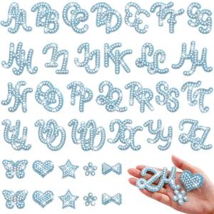 62Pcs Self Adhesive Pearl Letter Patches (A-Z) Star Butterfly Heart Bowknot Flower Glitter Pearl Letter Patches Rhinestone Applique for DIY Clothes, Bags, Shoes Blue, 62pcs Golden