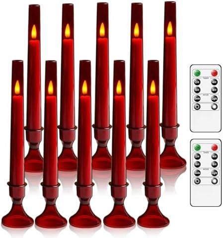 Nimiko 10 Pcs Flameless LED with Remote and Timer，Flickering Flame Taper Battery Operated Candles，Electric Taper Candles for Weddings, Parties, Holiday Decoration（Red）