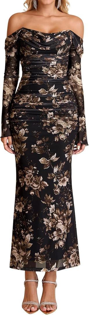 KUTUMAI Off Shoulder Long Sleeve Maxi Dress Corset Bodycon Ruched Cocktail Formal Wedding Guest Dresses for Women (Blackfloral), XL
