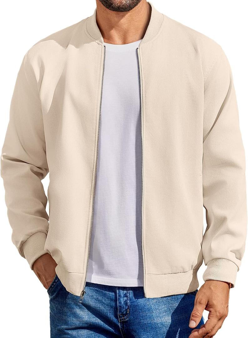 COOFANDY Mens Fashion Jacket Casual Lightweight Jacket Flight Bomber Jacket With Pockets Beige, Medium