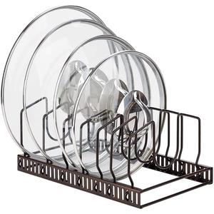 Toplife Pot Lids Organizer Rack for Cabinet and Countertop, 7+ Pan Lids and Bakeware Organizer Rack Holder with 7 Adjustable Compartments - Brown
