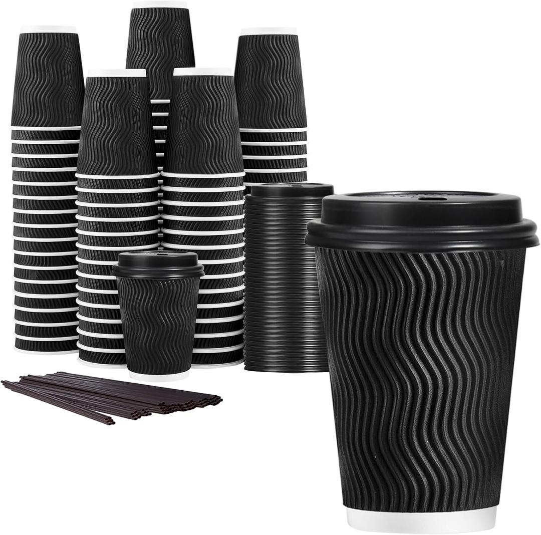 Lamosi 12 oz Disposable Coffee Cups with Lids, 50 Pack Insulated Hot Cups To Go Paper Coffee Cups with Lids and Straws, Corrugated Ripple Wall Cup for Hot Drink, Office, Coffee Bar (Black)