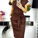 PRETTYGARDEN Women's Summer Short Sleeve Crewneck Striped Dress Basic Solid Tie Waist Office T Shirt Dresses Pockets(Coffee,Small)