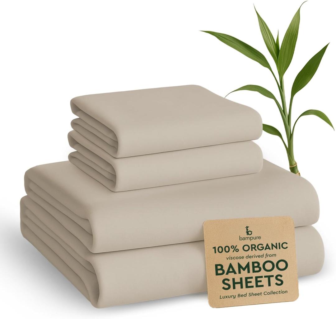 BAMPURE Queen Sheet Set - 100% Pure Viscose derived from Bamboo - Super Soft, Cooling Sheets for Hot Sleepers - Up to 16'' Deep Pocket Queen Size (Beige, 4 Pieces)