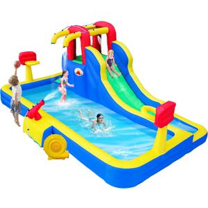 Inflatable Water Park with Blower, Bouncy Castle with Water Cannon and Double Basketball Rings