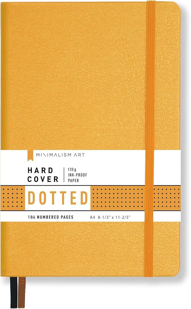 Minimalism Art, Premium Hard Cover Notebook Journal, X-Large Size, Master A4 8.3" x 11.4", 186 Numbered Pages, Gusseted Pocket, Ribbon Bookmark, Extra Thick Ink-Proof Paper 120gsm (Dotted, Amber)